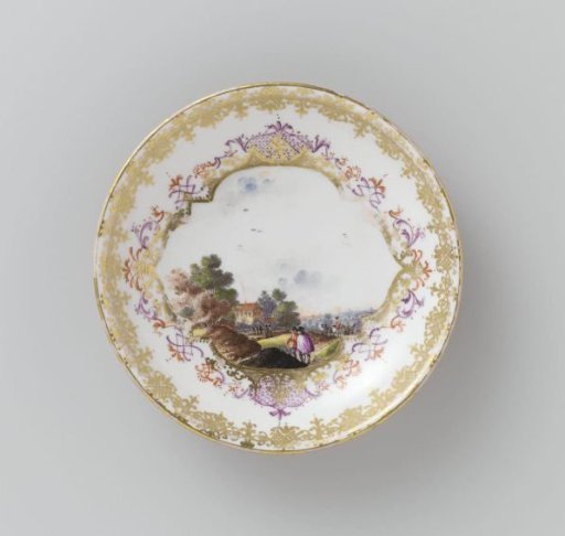 Dish, multicolored painted with a water landscape in a cut-out quatrefoil on an orange-red ground