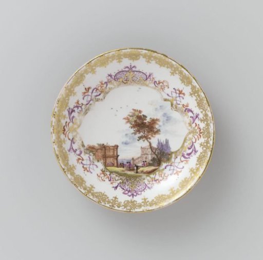 Dish, multicolored painted with a water landscape in a cut-out quatrefoil on an orange-red ground