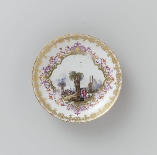 Dish, multicolored painted with a water landscape in a cut-out quatrefoil on an orange-red ground