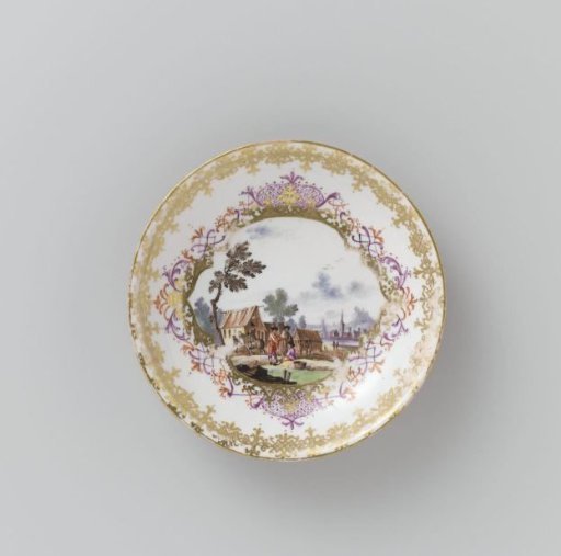 Dish, multicolored painted with a water landscape in a cut-out quatrefoil on an orange-red ground