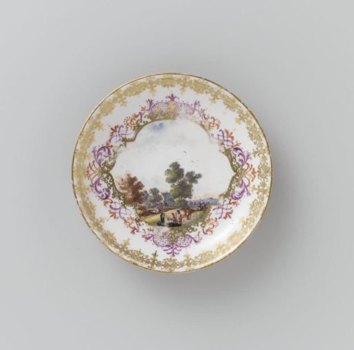 Dish, multicolored painted with a water landscape in a cut-out quatrefoil on an orange-red ground