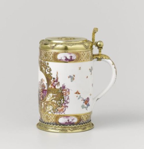 Beer mug with lid, multicolored painted with chinoiserie