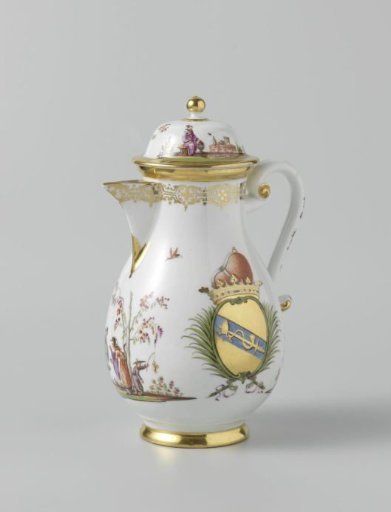 Coffee pot with lid, multicolored painted with chinoiserie and the coat of arms of the Venetian Morosini family