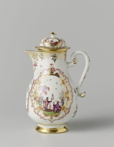 Coffee pot, multicolored painted with chinoiserie and a trompe l'oeil