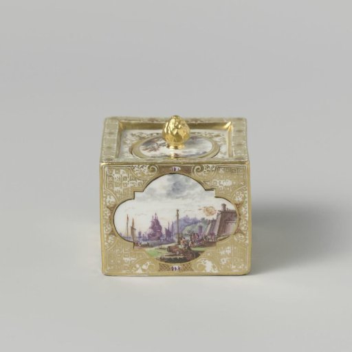 Inkwell, polychrome painted with landscapes and the coat of arms of Ernst Johann Count of Biron (1690–1772) and the mirror monogram of his wife Benigne Gottlieba Trotha