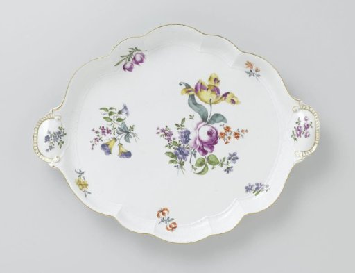 Dish, polychrome painted with German flowers, insects, and fruits