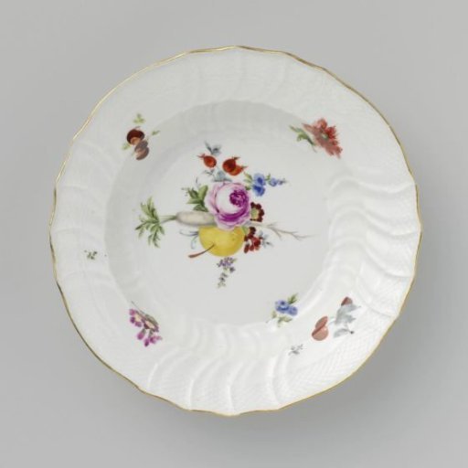 Plate, Multicolored Painted with German Flowers, Insects, and Fruits