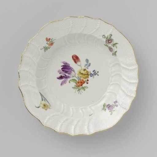 Plate, multicolored painted with German flowers, insects and fruits