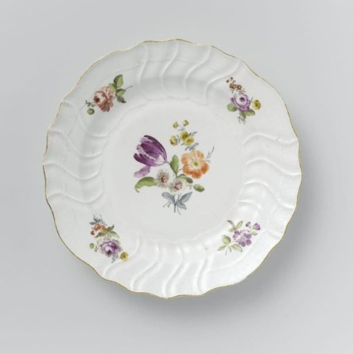 Plate, multicolored painted with German flowers, insects, and fruits