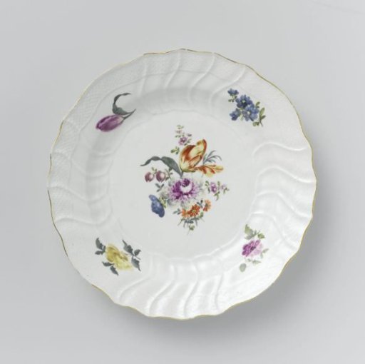 Plate, multicolored painted with German flowers, insects, and fruits