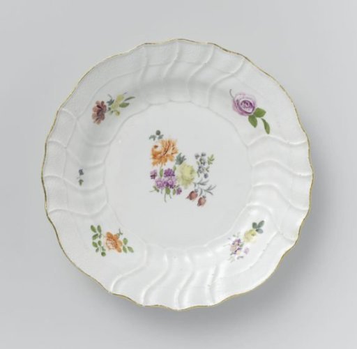Plate, multicolored painted with German flowers, insects and fruits