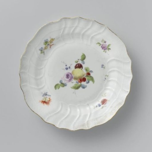 Plate, multicolored painted with German flowers, insects and fruits