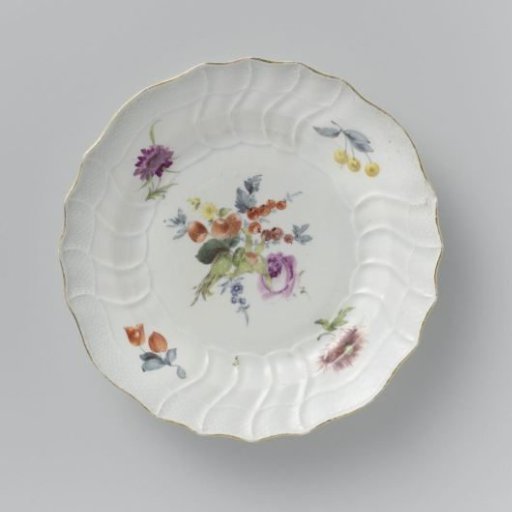 Plate, multicolored painted with German flowers, insects and fruits