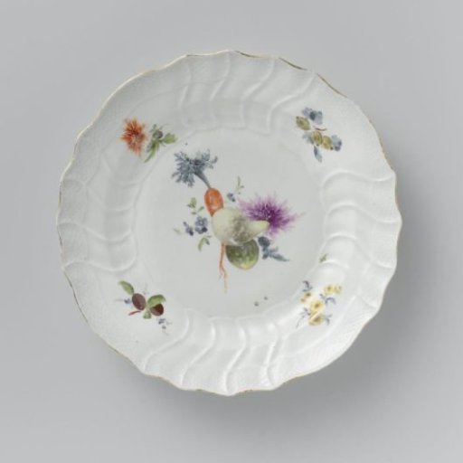 Plate, multicolored painted with German flowers, insects, and fruits