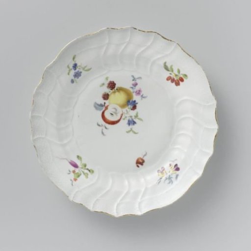 Plate, multicolored painted with German flowers, insects and fruits