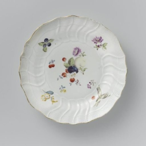 Plate, multicolored painted with German flowers, insects and fruits
