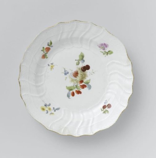 Plate, multicolored painted with German flowers, insects and fruits