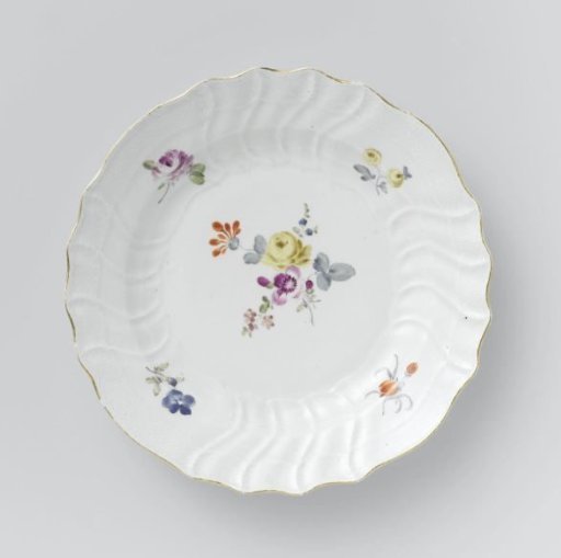 Plate, multicolored painted with German flowers, insects and fruits