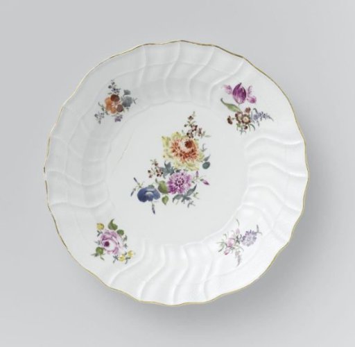 Plate, multicolored painted with German flowers, insects and fruits