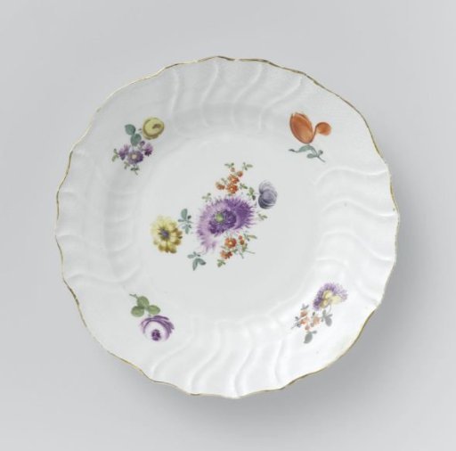 Plate, multicolored painted with German flowers, insects and fruits