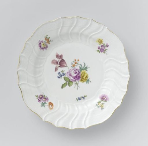 Plate, multicolored painted with German flowers, insects and fruits