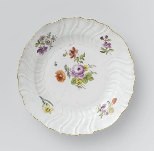 Plate, multicolored painted with German flowers, insects and fruits
