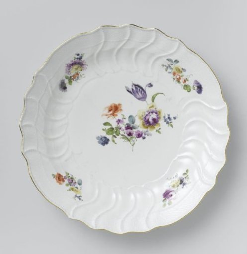 Plate, multicolored painted with German flowers, insects and fruits