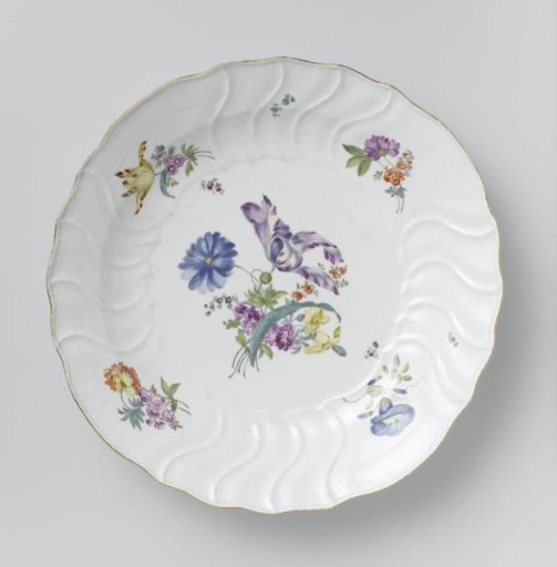 Plate, multicolored painted with German flowers, insects and fruits