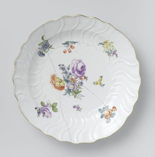 Plate, multicolored painted with German flowers, insects and fruits