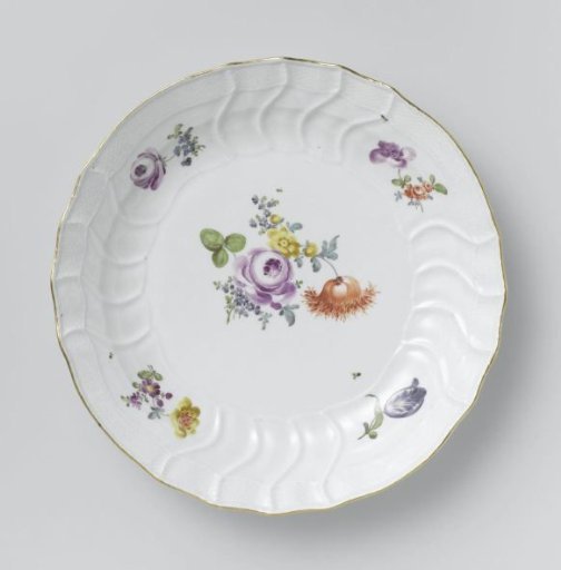 Plate, multicolored painted with German flowers, insects and fruits