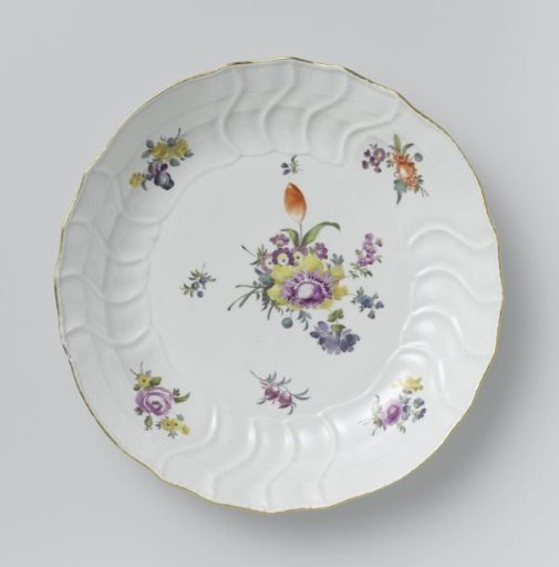 Plate, multicolored painted with German flowers, insects and fruits