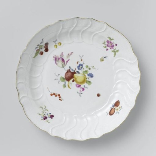 Plate, multicolored painted with German flowers, insects and fruits