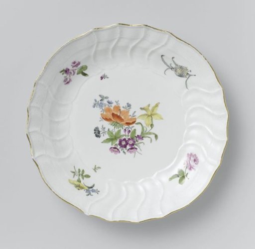 Dish, Multicolored Painted with German Flowers, Insects, and Fruits