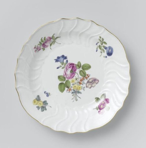 Plate, multicolored painted with German flowers, insects and fruits