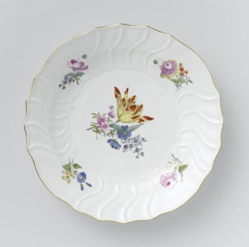 Plate, polychrome painted with German flowers, insects and fruits