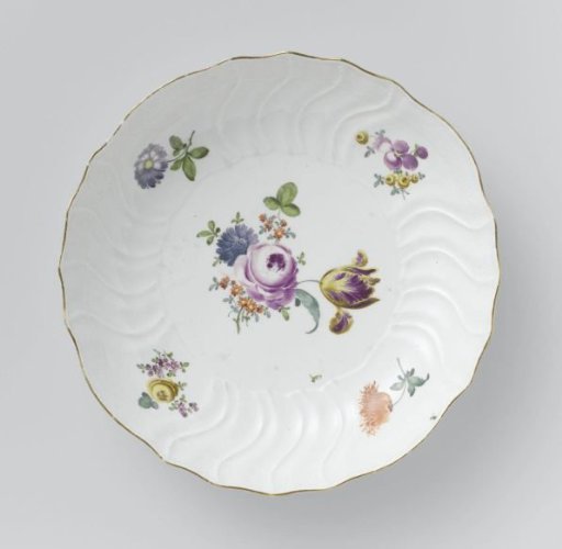Plate, polychrome painted with German flowers, insects and fruits
