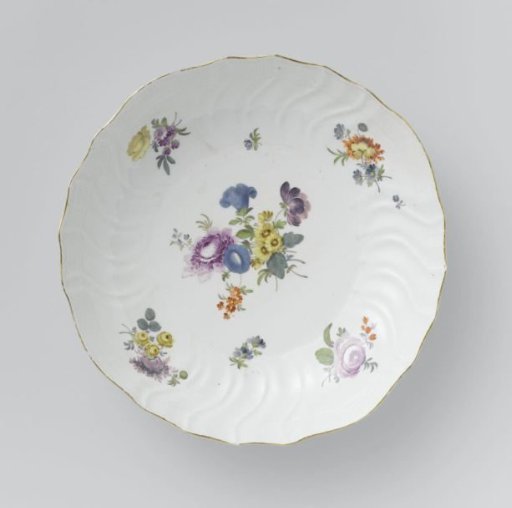 Plate, multicolored painted with German flowers, insects and fruits