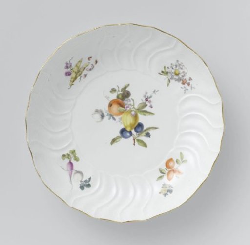 Plate, multicolored painted with German flowers, insects and fruits
