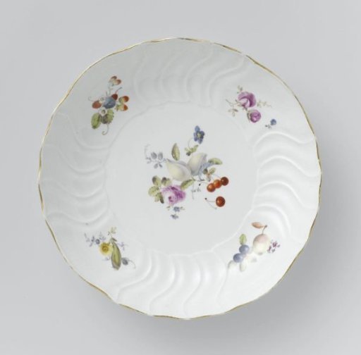 Plate, multicolored painted with German flowers, insects and fruits