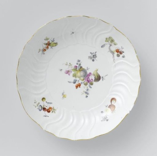 Plate, polychrome decorated with German flowers, insects and fruits