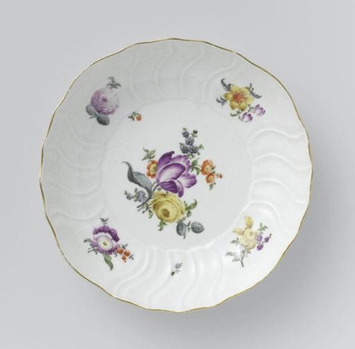Plate, polychrome decorated with German flowers, insects and fruits