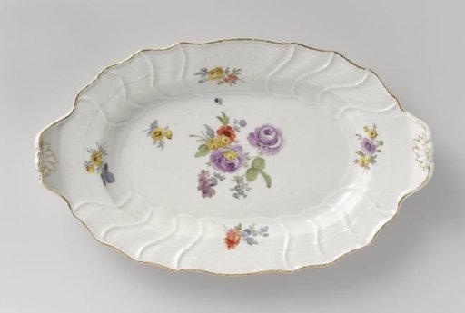 Dish, polychrome painted with German flowers, insects, and fruits