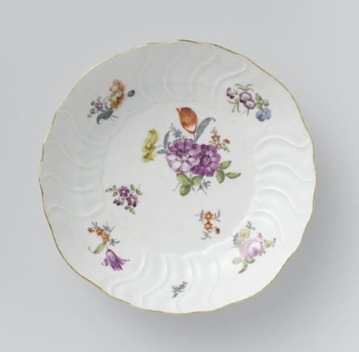 Plate, multicolored painted with German flowers, insects and fruits