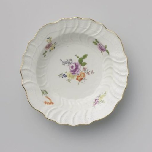 Plate, multicolored painted with German flowers, insects, and fruits