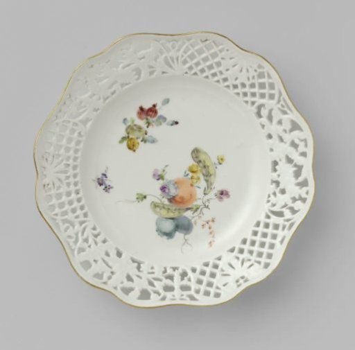 Dessert plate, multicolored painted with flowers and fruits