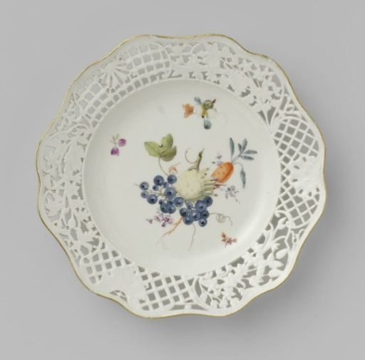 Dessert plate, multicolored painted with flowers and fruits