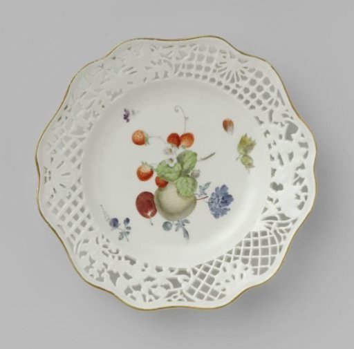 Dessert plate, multicolored painted with flowers and fruits