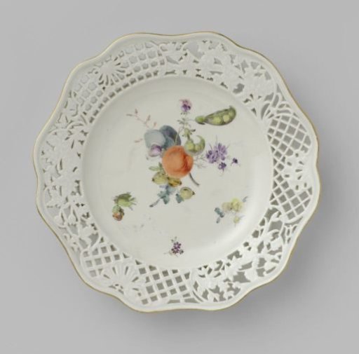 Dessert plate, multicolored painted with flowers and fruits