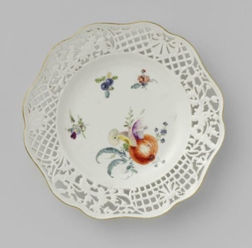 Dessert plate, multicolored painted with flowers and fruits
