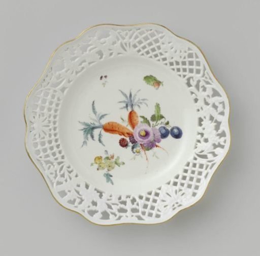 Dessert plate, multicolored painted with flowers and fruits